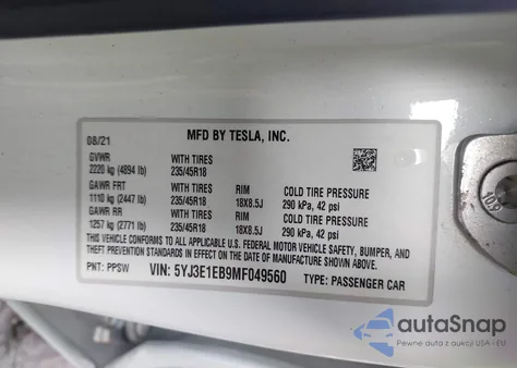 2021 Tesla Model 3 Long Range Dual Motor All-Wheel Drive z USA, uszkodzony, nr VIN 5YJ3E1EB9MF049560